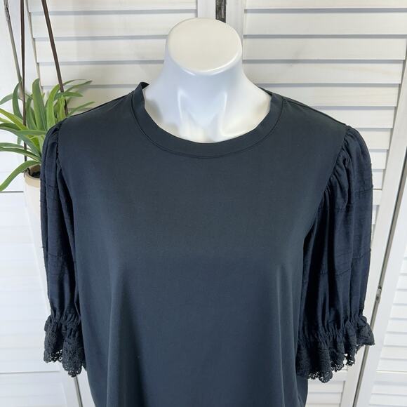 Laura Ashley Black Short Puff Sleeve Lace Trim Blouse Top Tee Shirt Plus Size 2X - Picture 2 of 8
